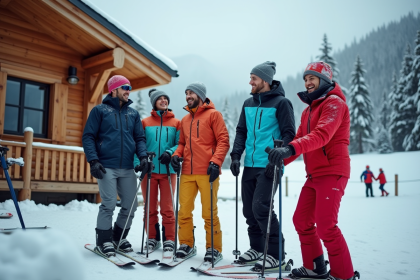 Groupe d'adultes souriants en ski dans les Alpes françaises