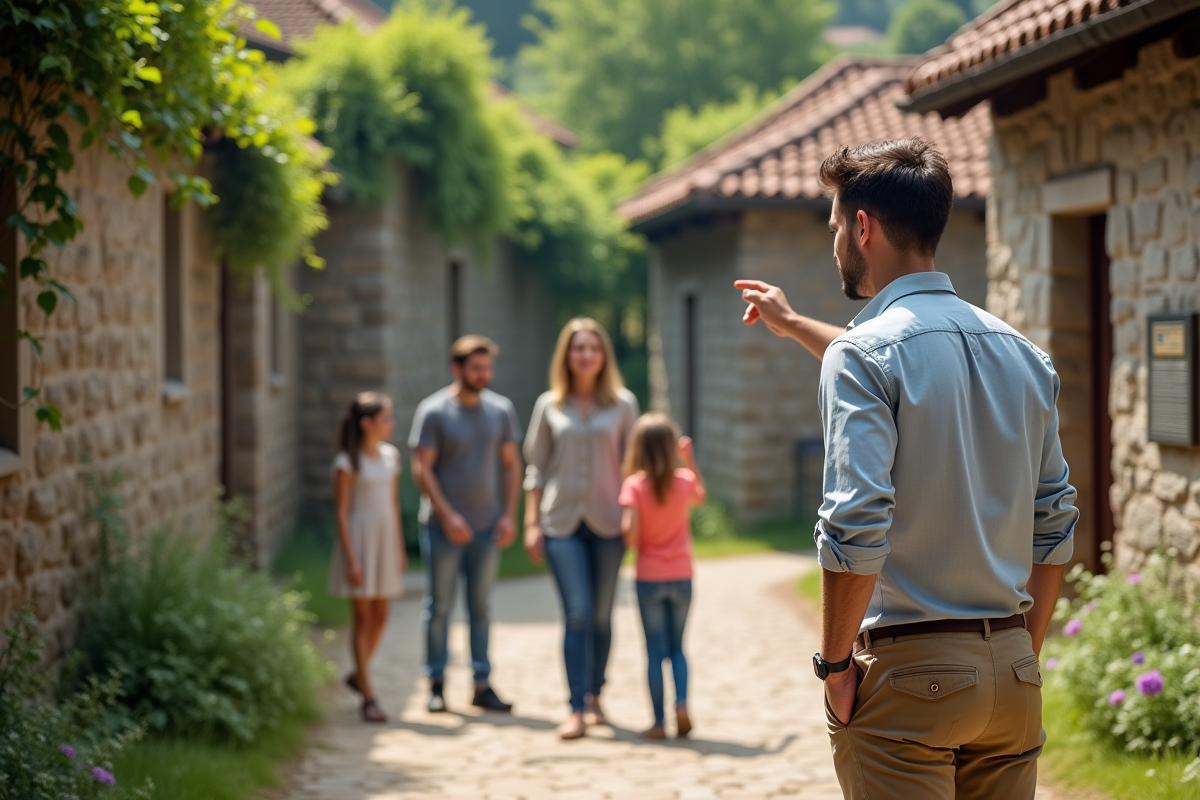 Jeune guide montrant un site historique en extérieur