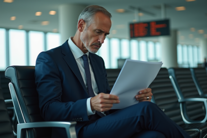 Homme d'affaires dans un aéroport moderne vérifiant ses documents