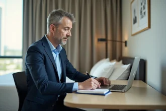 Homme d'affaires en costume dans une chambre d'hôtel