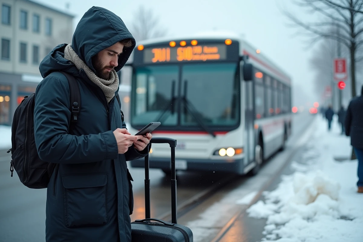 Homme regardant son smartphone devant un bus à Montréal en hiver