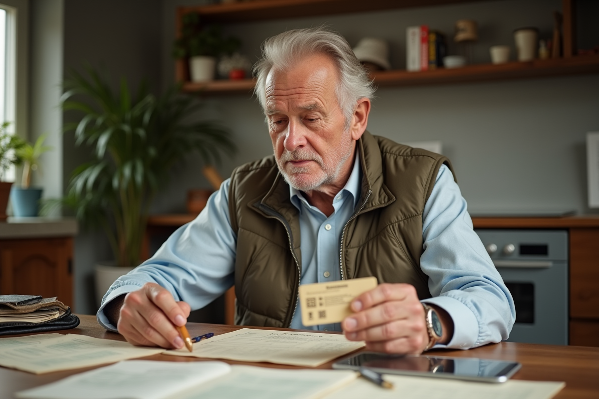 Homme âgé examinant ses documents de voyage à la maison