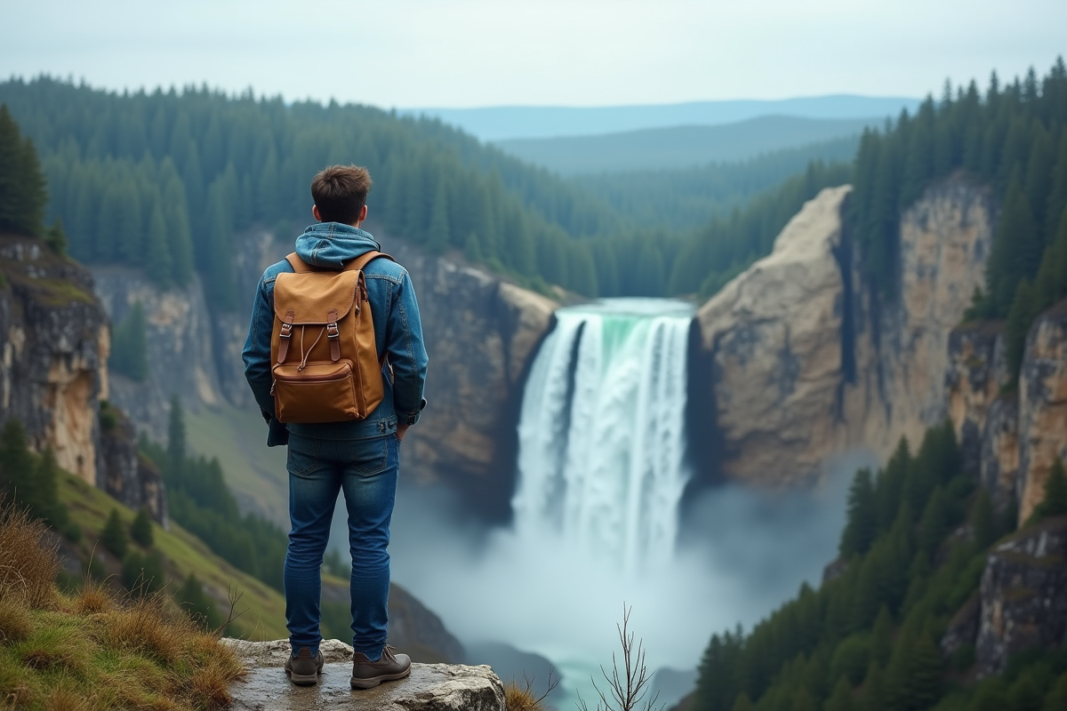 Jeune homme observant une grande cascade en nature