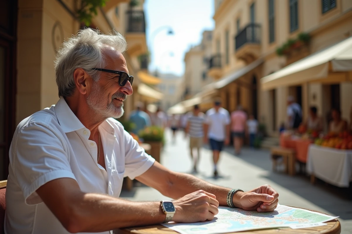 Homme local regardant une carte à Valletta en été