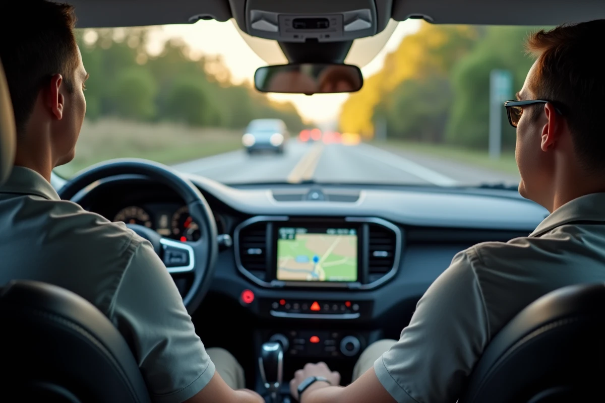 Homme au volant d'un SUV utilisant le GPS embarqué intégré au tableau de bord sur autoroute