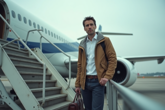 Homme hésitant à l'aéroport avec avion en arrière-plan