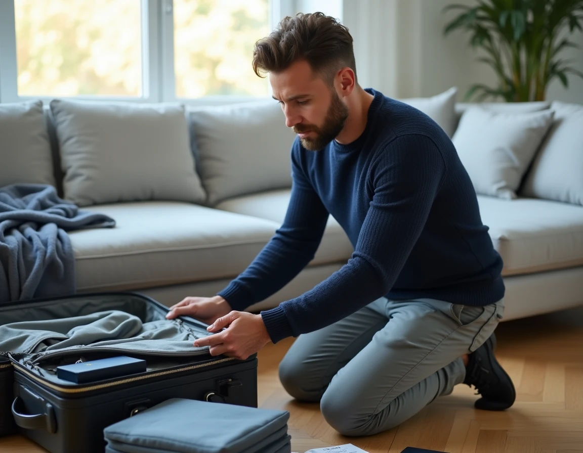 Homme inspectant l'intérieur d'une valise 15kg dans un salon, évaluation qualité construction valise voyage