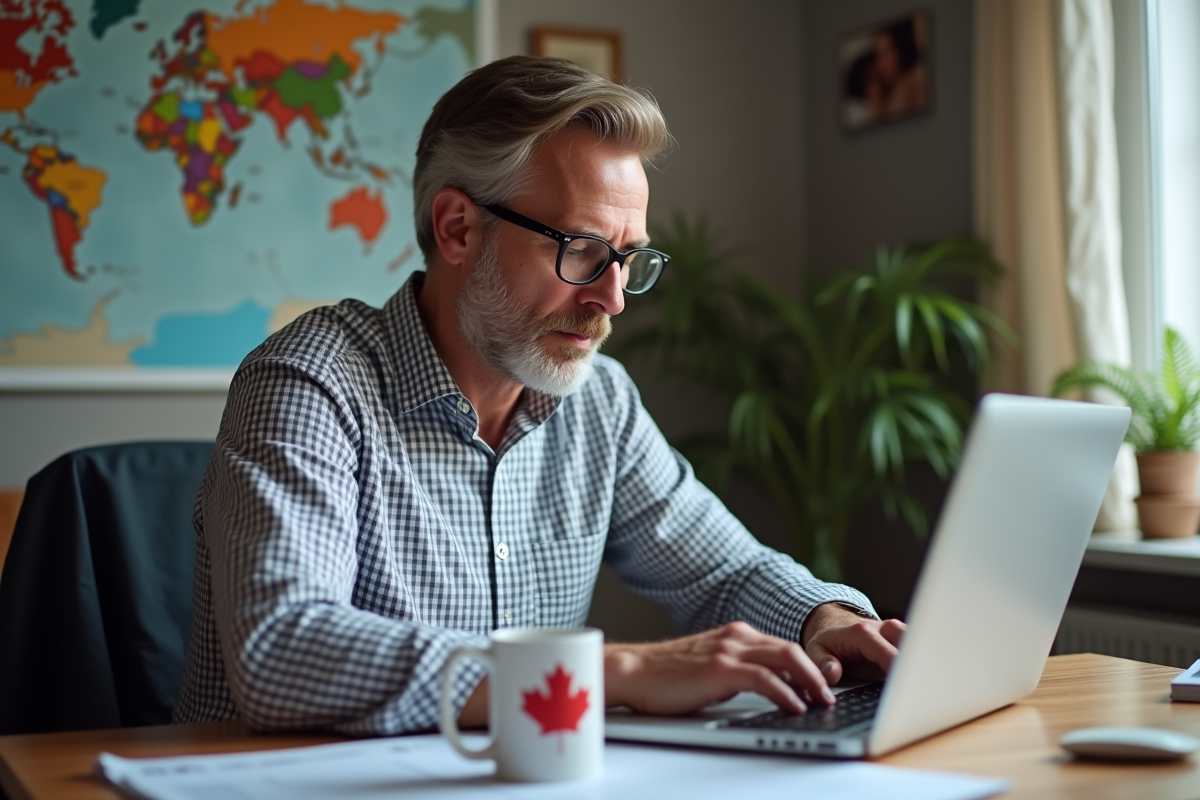 Homme en maison planifiant son voyage avec assurance voyage