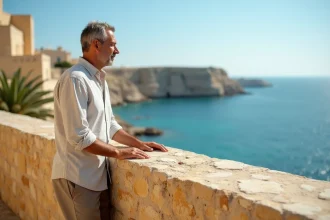 Homme maltese regardant la mer depuis un bastion ancien