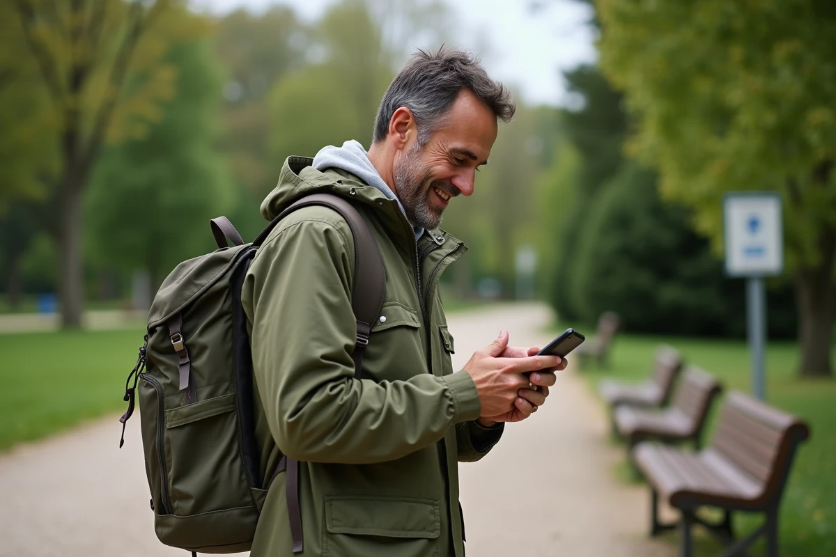 Homme en plein air vérifiant son itinéraire sur smartphone dans un parc