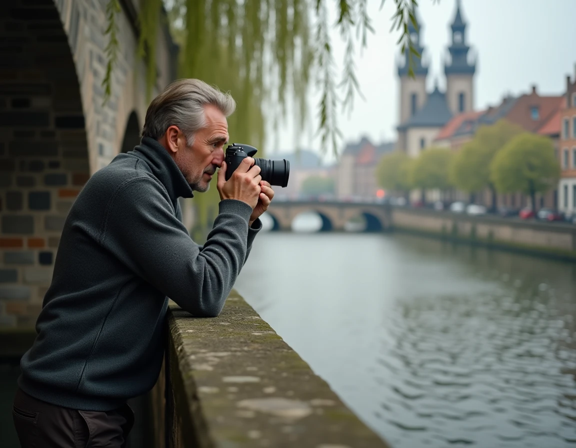 Homme photographiant le canal de Gand depuis un pont en pierre avec les tours de la ville en arrière-plan dans la brume
