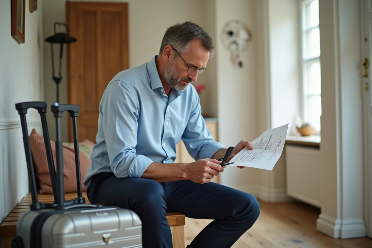 Homme préparant une étiquette de bagage à la maison