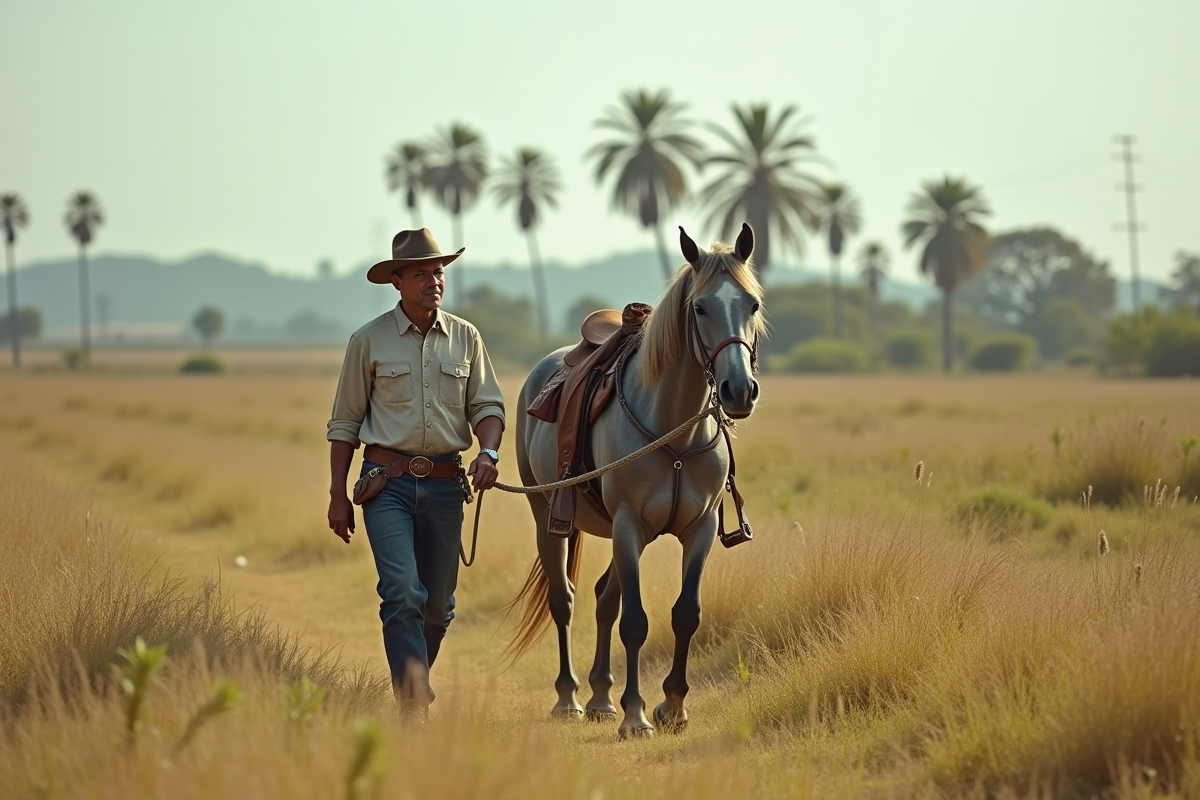 Homme colombien avec cheval dans la savane