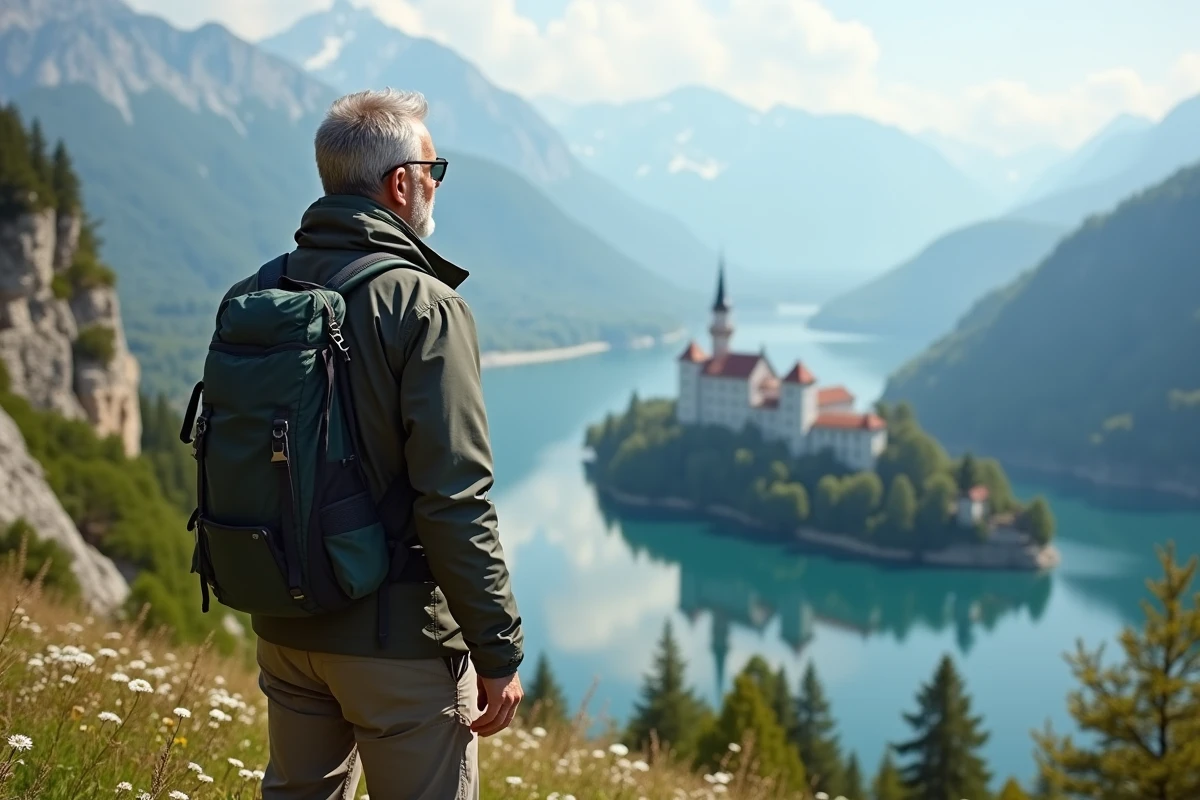 Homme contemplant le lac Bled en Slovénie lors d
