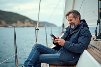 Homme d'âge moyen sur un voilier regardant son smartphone