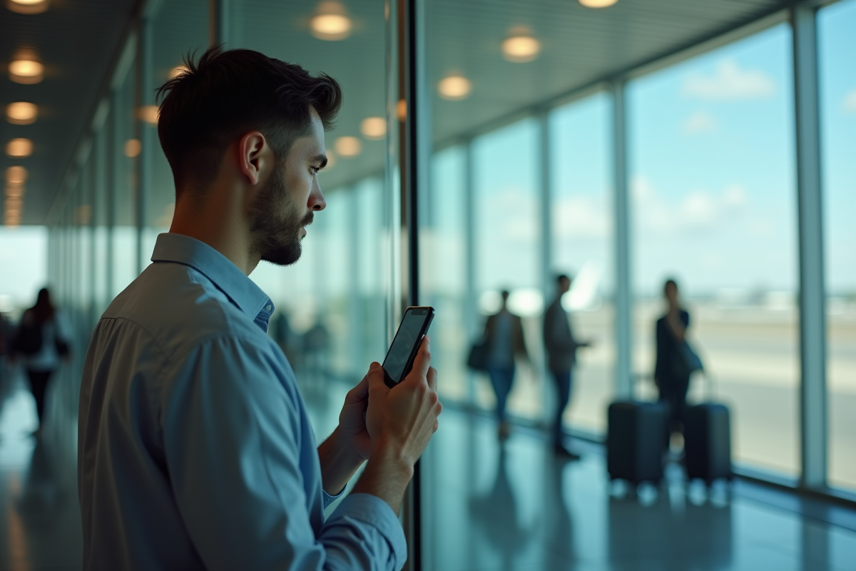Jeune homme en terminal aéroport tenant son smartphone