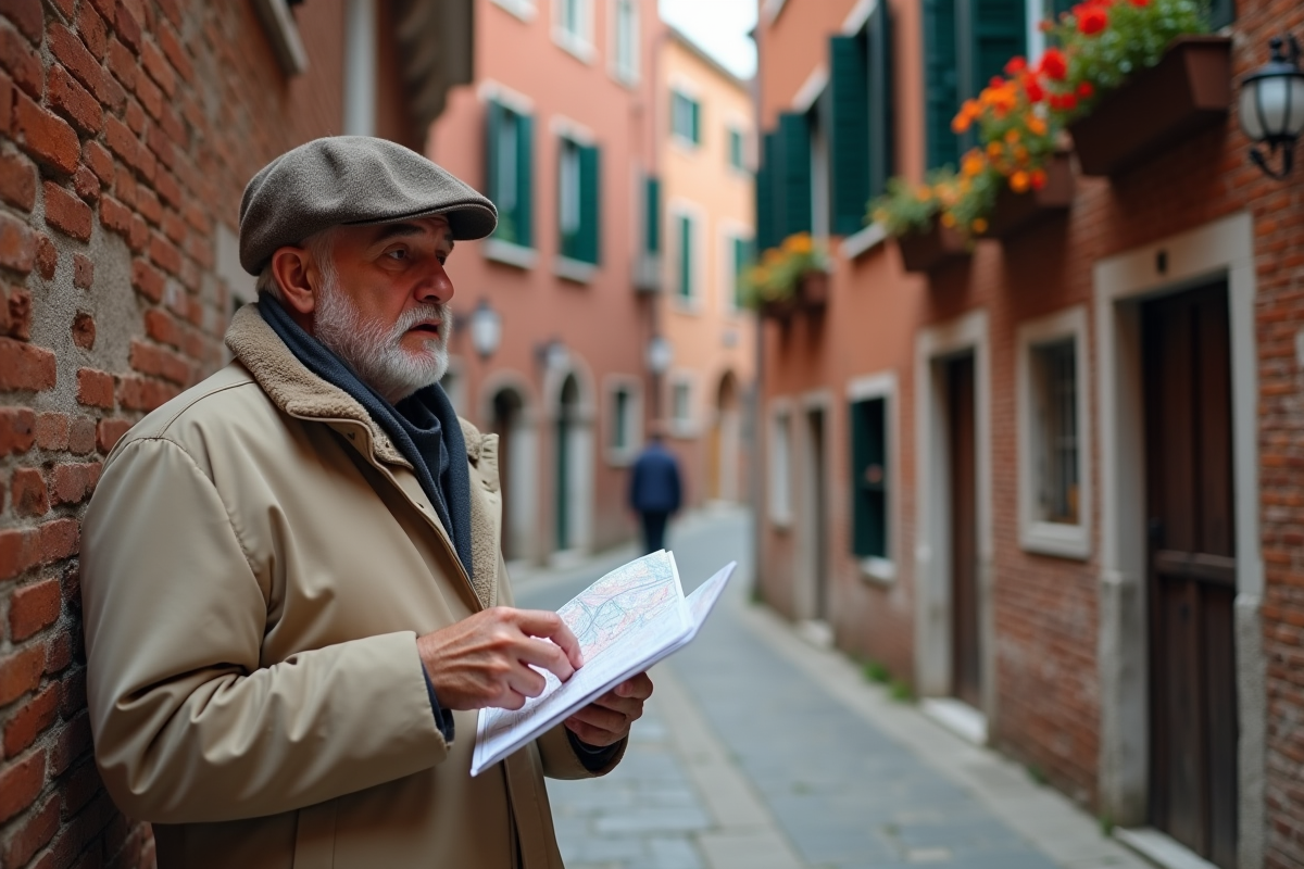 Homme âgé consulte une carte dans une ruelle vénitienne