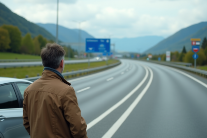 Homme d'âge moyen souriant à côté de sa voiture sur l'autoroute