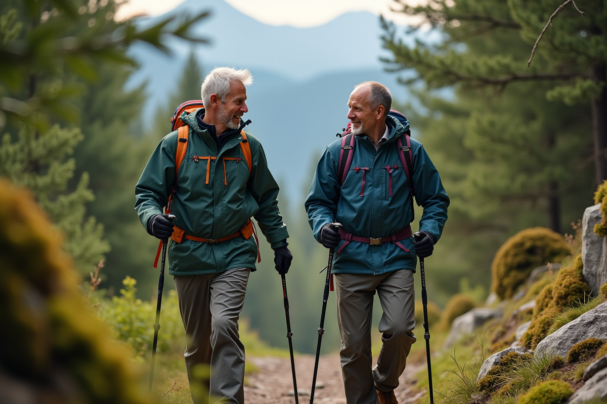 Deux hommes en marche dans la forêt en montagne