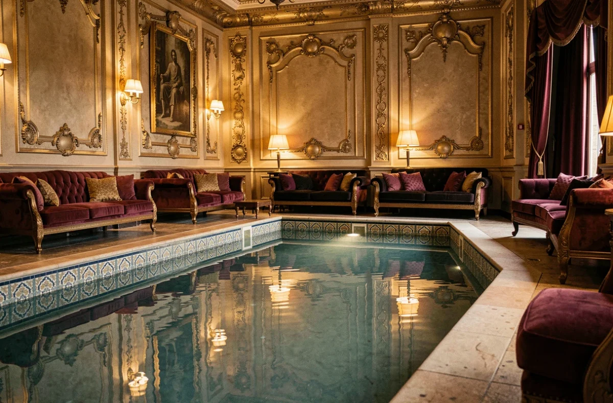 Piscine intérieure de l'Hôtel Les Coulisses du Théâtre avec décor théâtral et carrelage mosaïque