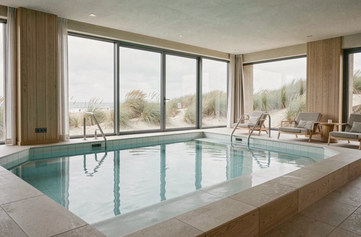Piscine thalasso de l'Hôtel Spa Casino de Cayeux-sur-Mer avec vue sur les dunes de Picardie
