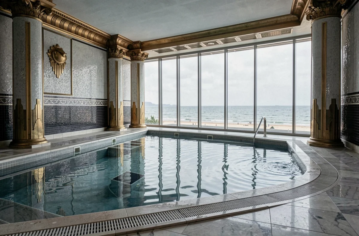 Piscine spa de l'Hôtel Le Westminster avec vue panoramique sur la Manche et décor Art Déco