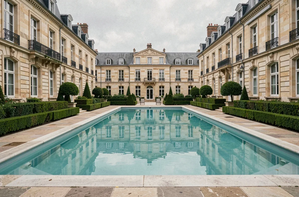 Piscine extérieure d'un hôtel dans les Hauts-de-France avec façade en pierre et cadre verdoyant