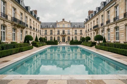 Piscine extérieure d'un hôtel dans les Hauts-de-France avec façade en pierre et cadre verdoyant