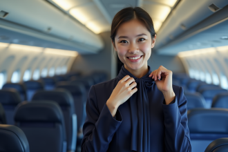 Jeune hôtesse d avion en uniforme navy souriante
