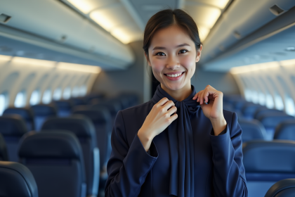Jeune hôtesse d avion en uniforme navy souriante