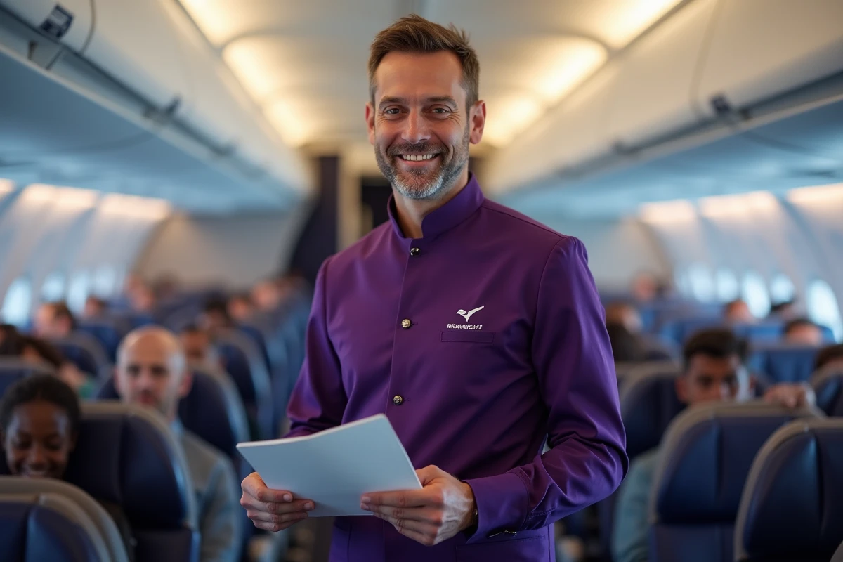 Hôtesse de l'air en service dans la cabine premium d'un vol Frenchbee, présentation du menu