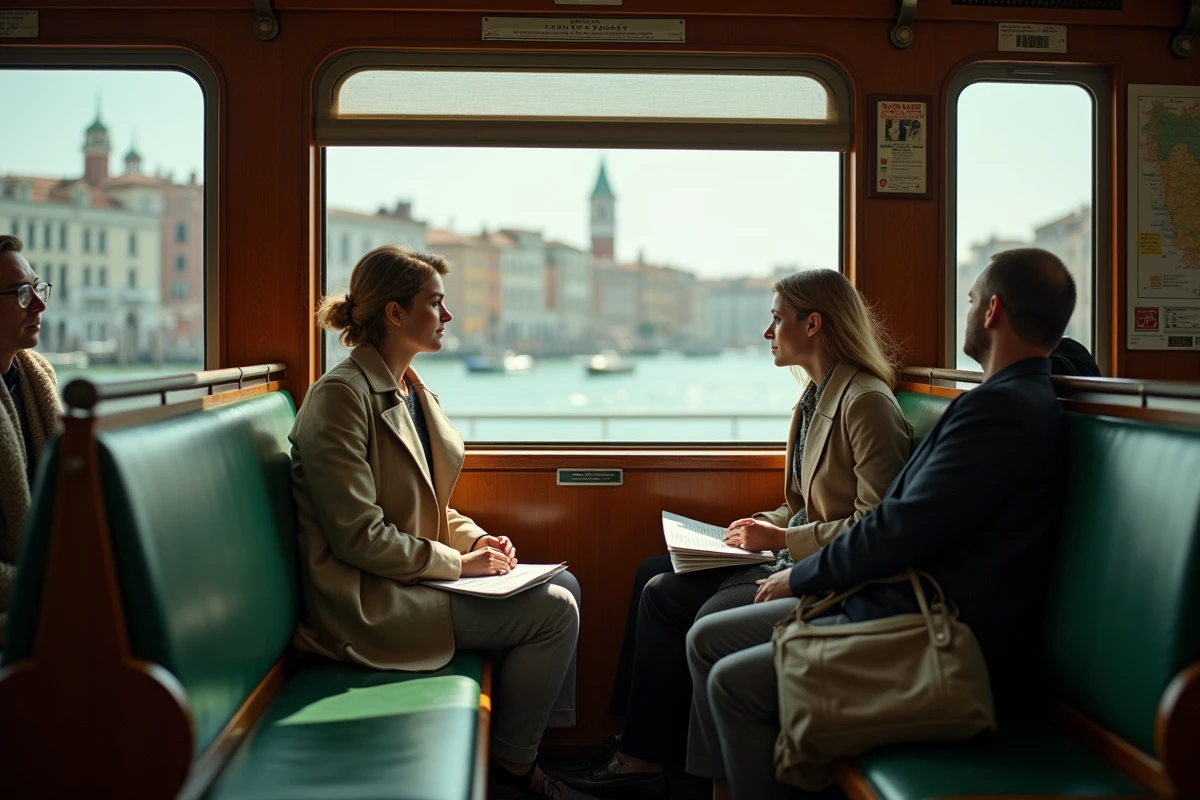 Femme voyageant à bord d'un vaporetto à Venise regardant par la fenêtre le paysage lacustre