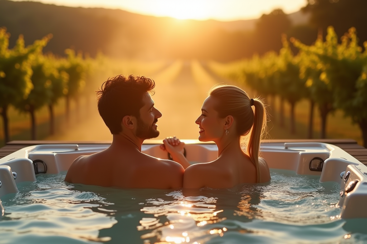 Couple romantique dans un jacuzzi en plein air avec vignobles alsaciens