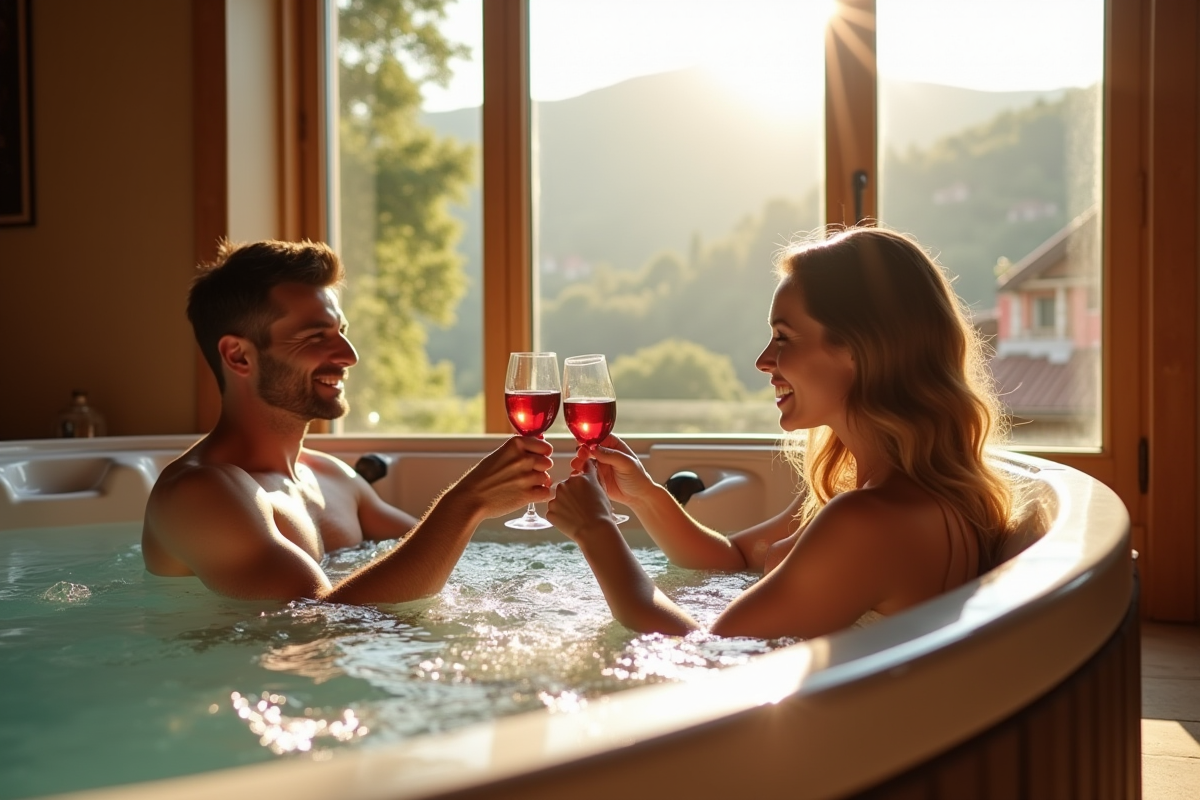 Couple souriant dans un jacuzzi intérieur avec vue sur un village alsacien