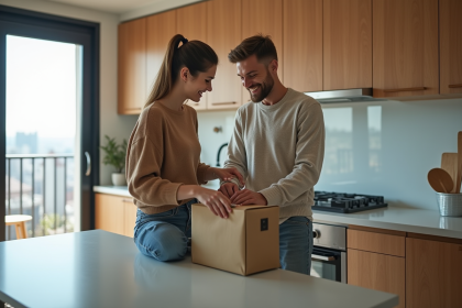 Jeune couple souriant dans un appartement moderne