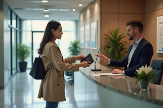 Jeune femme au consulat remettant un dossier et un passeport