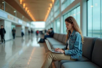 Jeune femme avec ordinateur portable à Casablanca