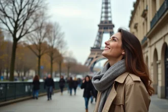 Jeune femme regardant vers le ciel près de la tour Eiffel à Paris