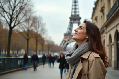 Jeune femme regardant vers le ciel près de la tour Eiffel à Paris