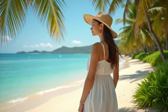 Jeune femme en robe blanche sur la plage tropicale