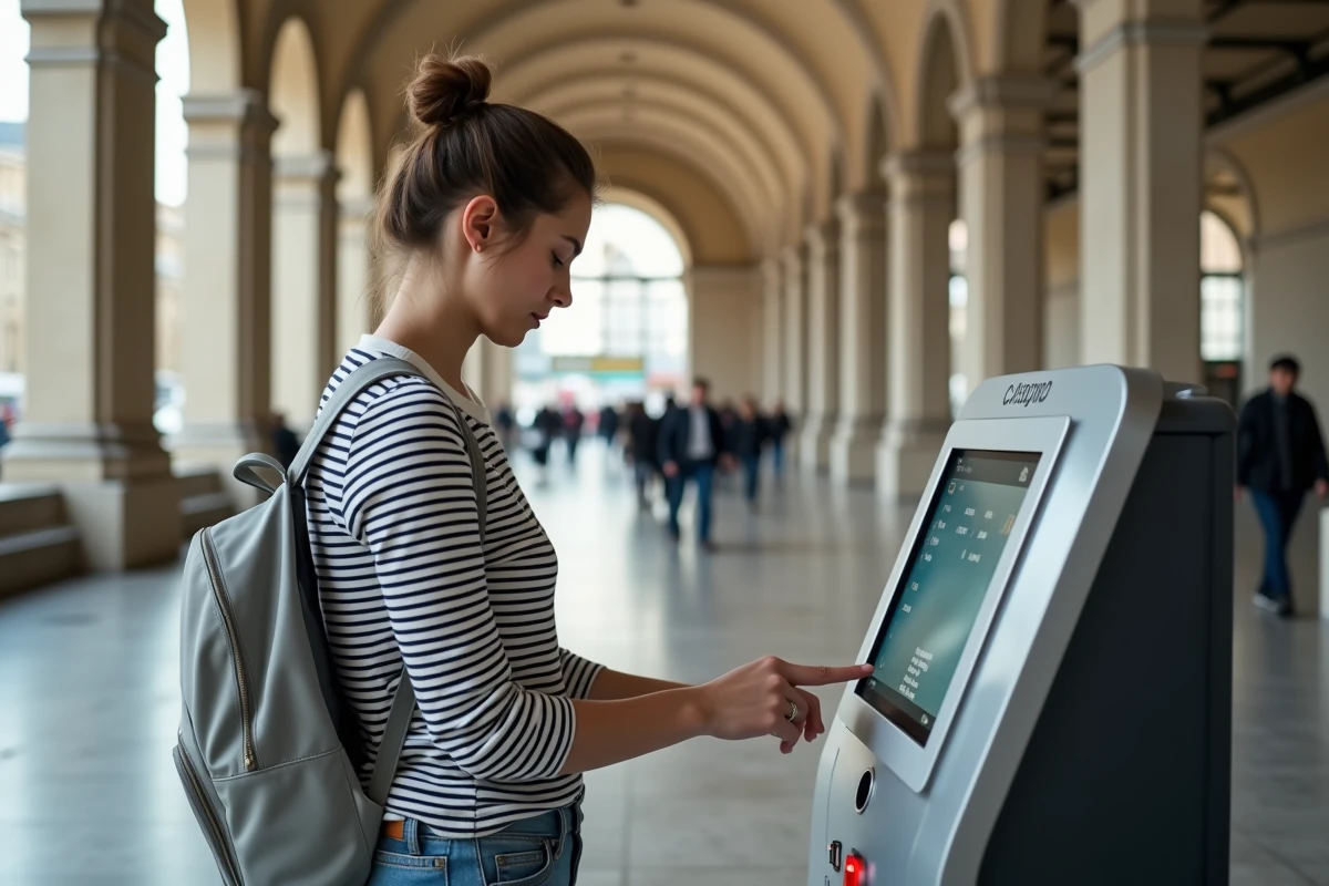 Jeune femme rechargeant son abonnement Navigo sur une borne en gare parisienne