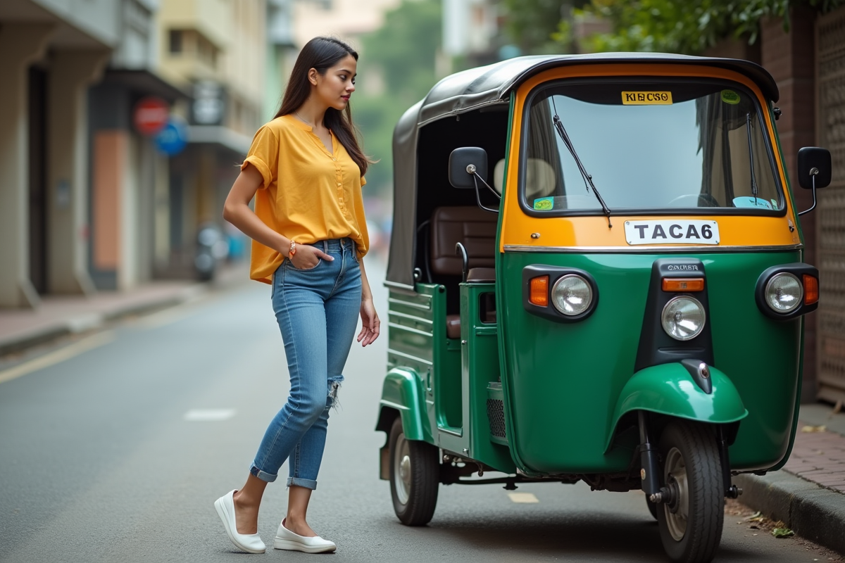 Jeune femme examine un tuk tuk dans la rue urbaine