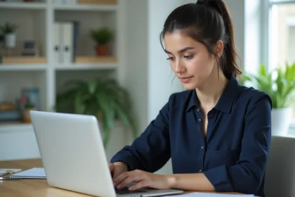 Jeune femme remplissant un formulaire de visa sur un ordinateur portable