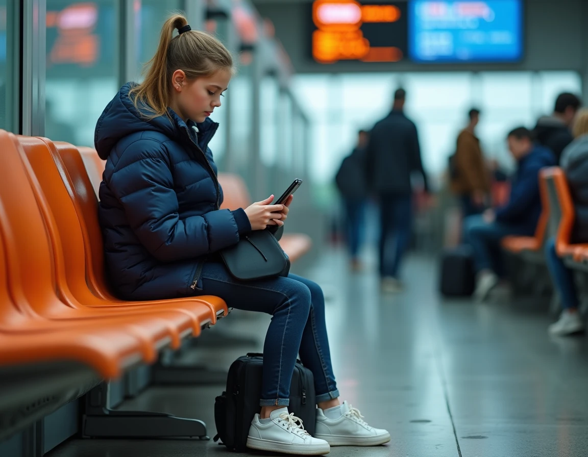 Jeune fille de 16 ans assise seule dans une salle d'embarquement de compagnie aérienne low cost avec son smartphone
