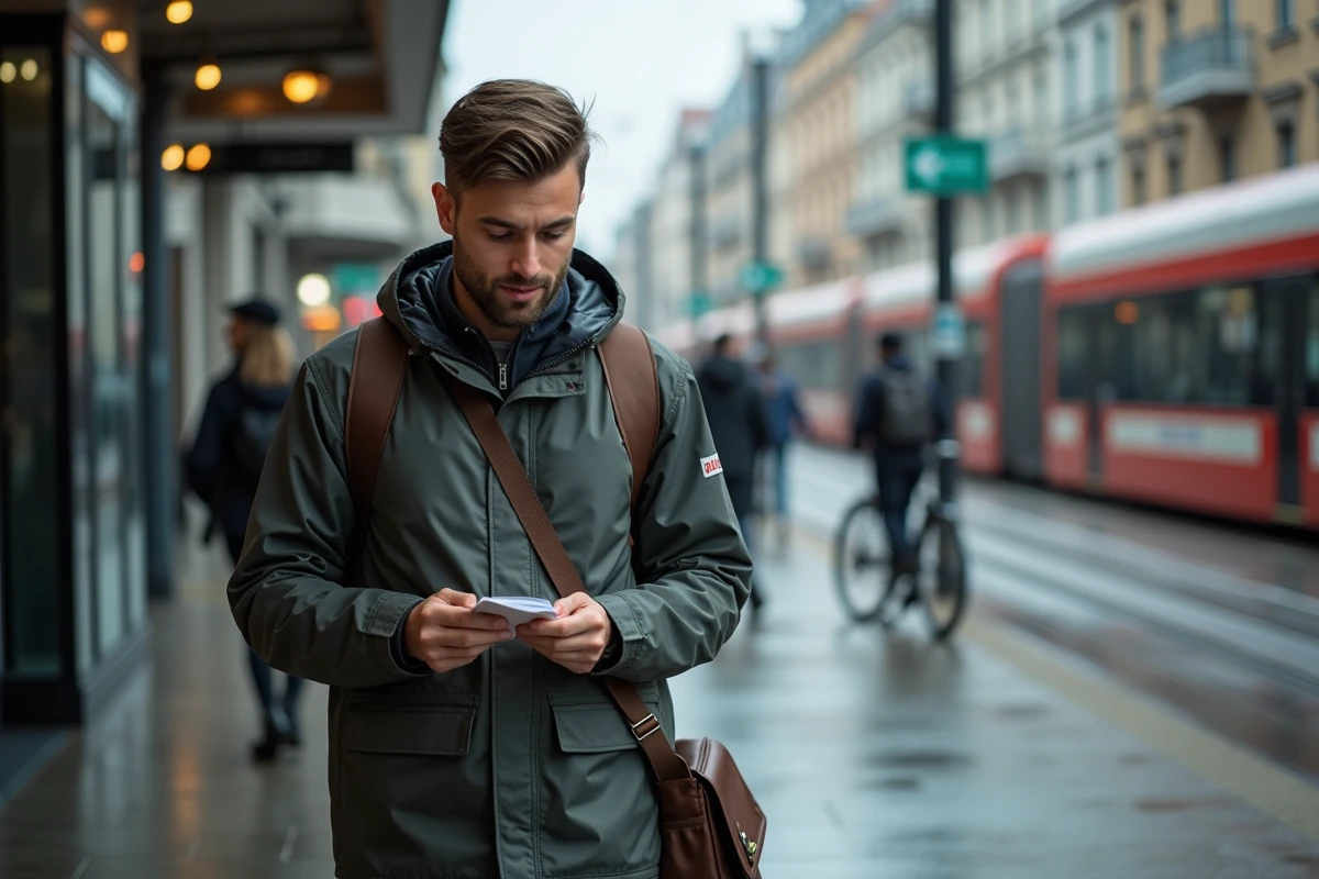 Jeune homme sortant du bus dans un hub urbain