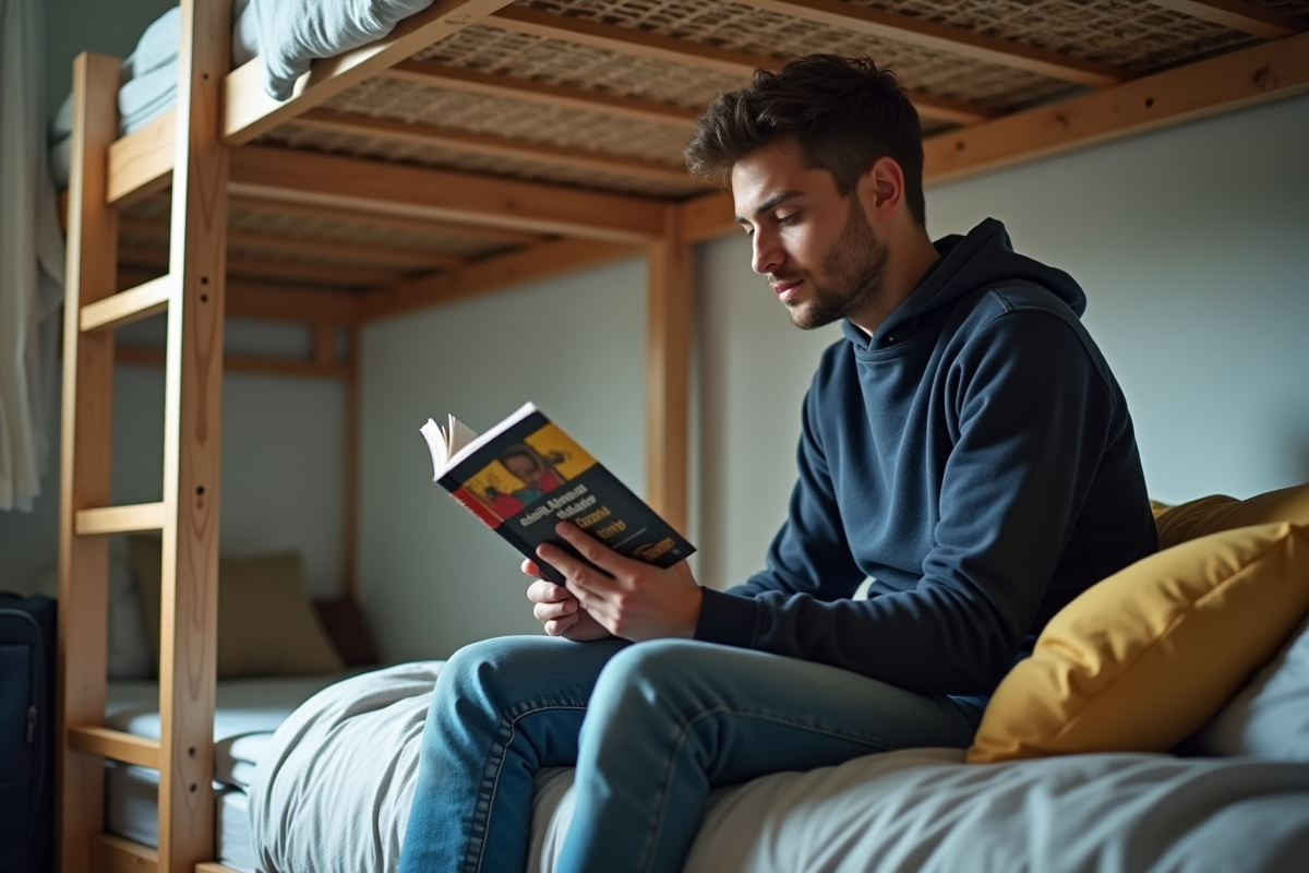 Jeune homme lisant un guide dans un dortoir partagé