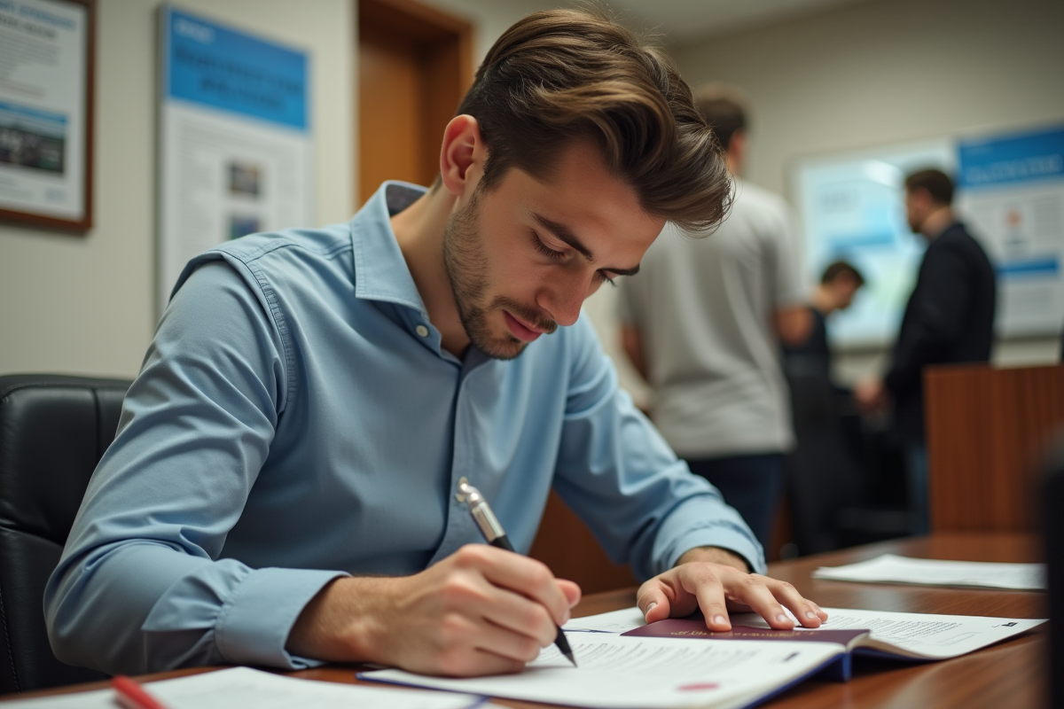 Jeune homme remplissant formulaires au consulat