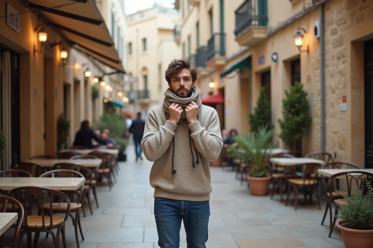 Jeune homme frissonnant dans un café maltais en hiver