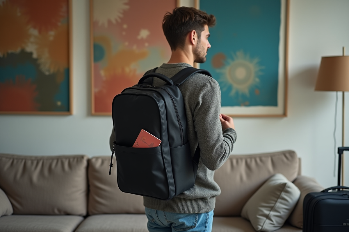 Jeune homme range son passeport dans son sac à dos de voyage