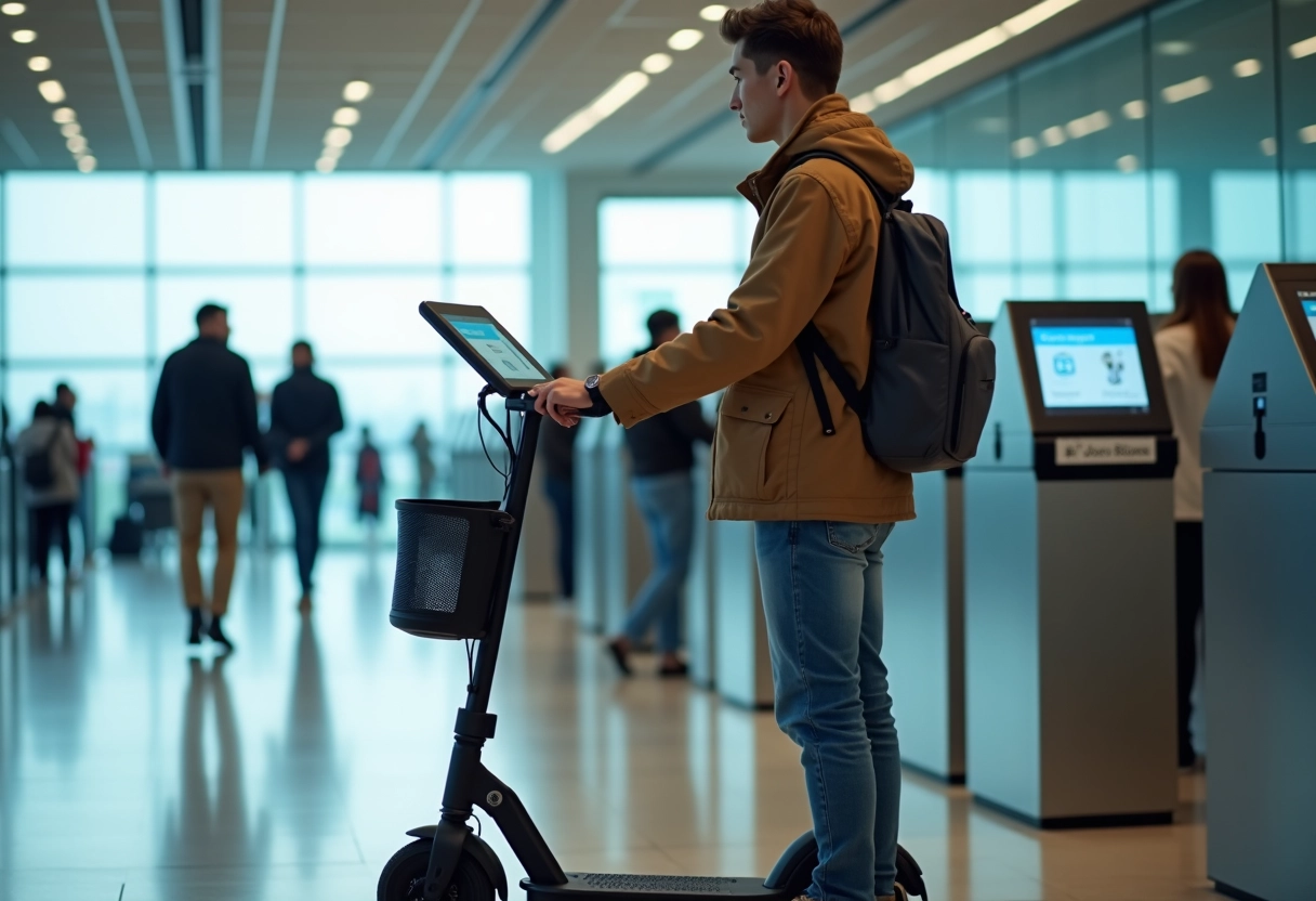 Jeune homme en scooter vérifiant son billet à un kiosque d
